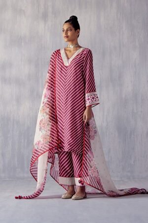 Crimson Striped and Floral Printed Kurta Set with Dupatta
