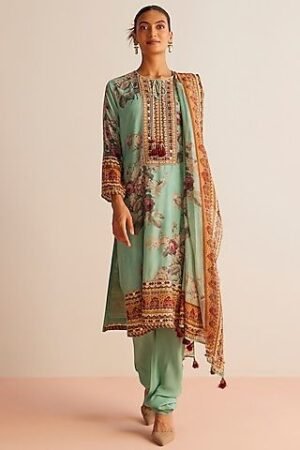 Mint Green Printed Straight Kurta Set with Ornate Dupatta