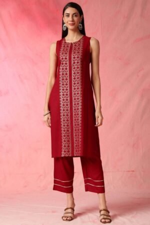 Maroon Embroidered Kurta and Pants Set