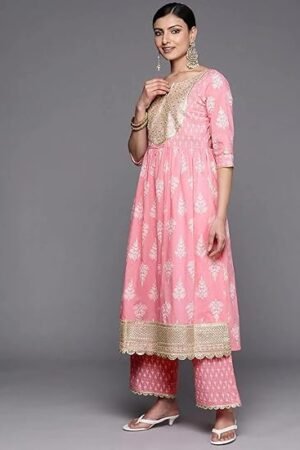 Pink Printed Anarkali Kurta Set with Lace Detailing