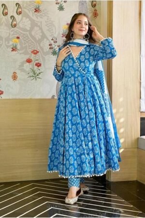 Blue Floral Printed Anarkali Kurta Set with Dupatta