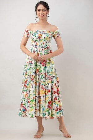 White Floral Off-Shoulder Maxi Dress for Women