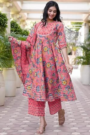 Pink Floral Printed Anarkali Kurta Set with Dupatta