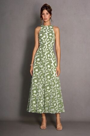 Sage Green and White Floral Lace Halter Neck Maxi Dress