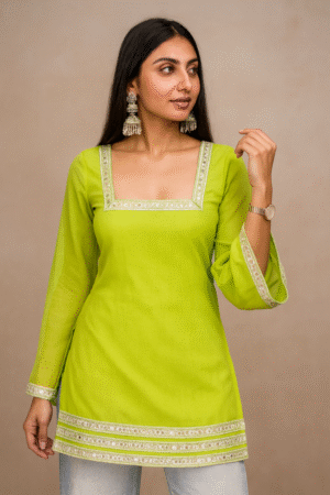 Lime Green Mirror Work Straight Kurti for Women