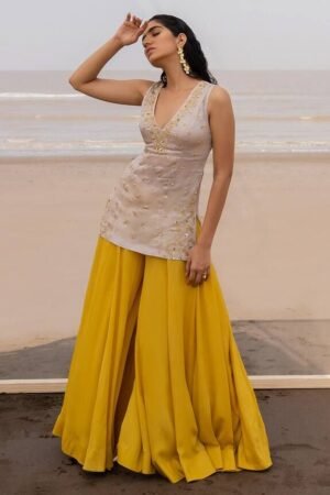 Golden Embroidered Kurta with Mustard Palazzo Set