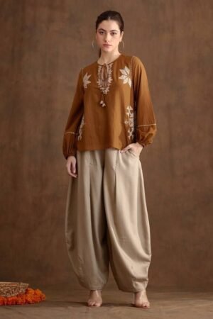 Brown Embroidered Top with Beige Baggy Pants