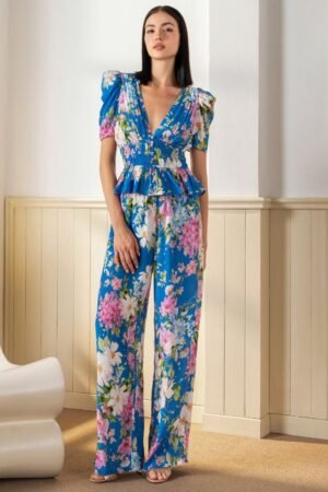 Blue Floral Peplum Pant Set
