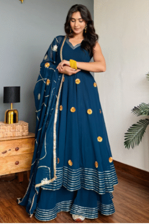 Navy Blue Layered Anarkali with Embroidered Dupatta
