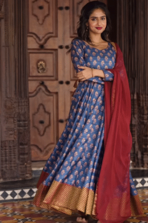 Blue Silk Anarkali Set with Maroon Dupatta