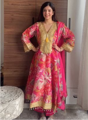 Fuchsia Pink Floral Anarkali Set with Golden Embroidered Detailing