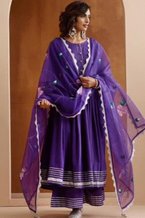 Deep Purple Embroidered Kurta Sharara Set with Organza Dupatta