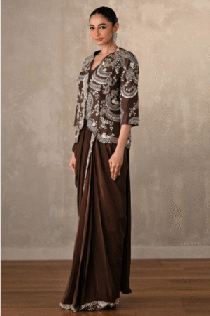 Chocolate Brown Drape Saree with Embroidered Jacket