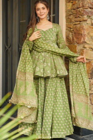 Olive Green Peplum Kurta with Sharara and Dupatta