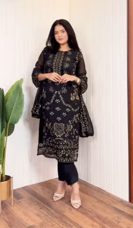 Black Embroidered Chiffon Kurta Set