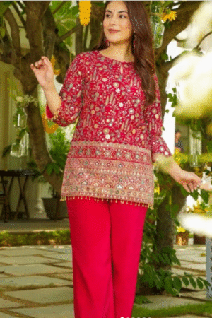 Red Printed Kurti with Straight Pants