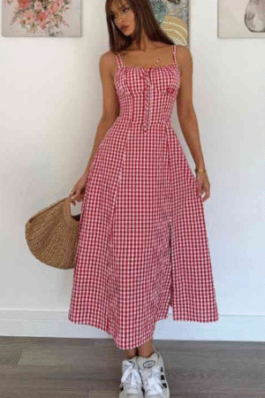Red Gingham Checkered Midi Dress