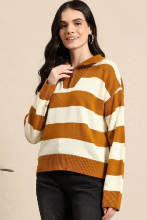 Mustard and White Striped Knit Sweater