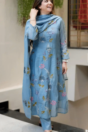 Sky Blue Floral Embroidered Kurta Set