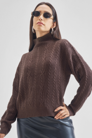 Chocolate Brown Cable Knit High-Neck Sweater for Women