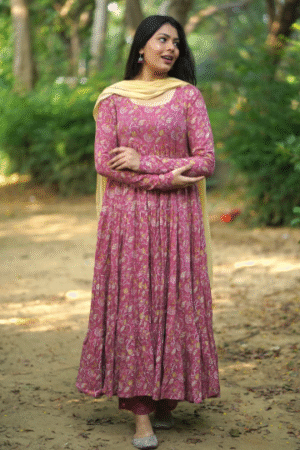 Dusty Rose Floral Anarkali Set with Yellow Dupatta