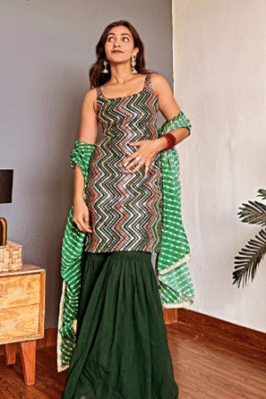 Stylish Green Sharara Suit with Printed Kurti