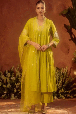Lime Green Layered Kurta Set with Dupatta