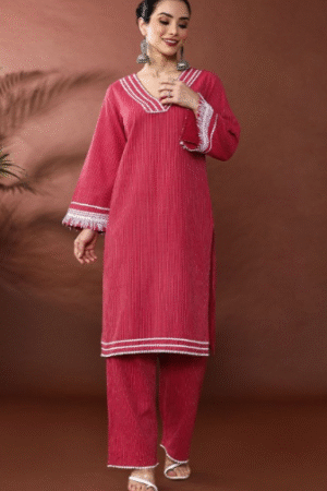 Rose Pink Straight Kurta Set with Lace Detailing