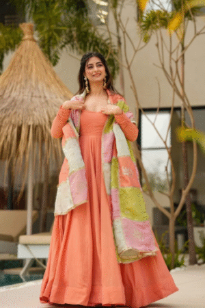 Peach Anarkali Gown with Multicolor Dupatta