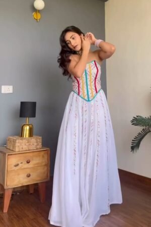 White Corset Style Gown with Colorful Detailing