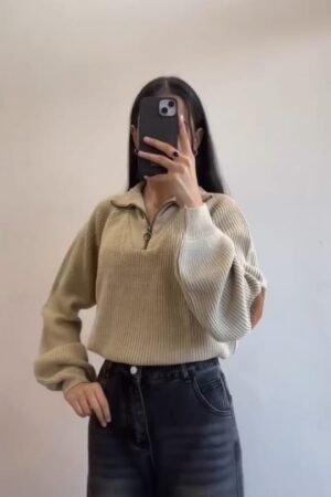 Beige Half-Zip Knitted Sweater