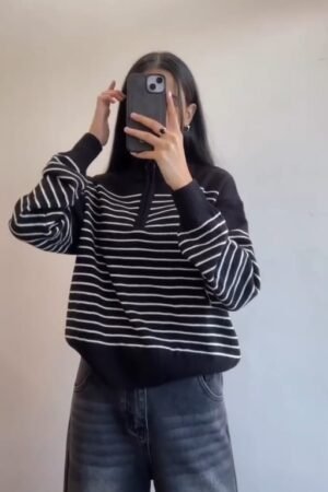 Black and White Striped Casual Sweatshirt