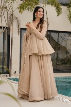 Champagne Beige Flowing Peplum Lehenga Outfit