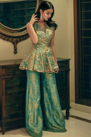 Designer Brocade Peplum Top with Flared Pants
