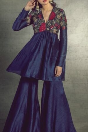 Luxury Navy Peplum Kurta with Wide-Leg Pants