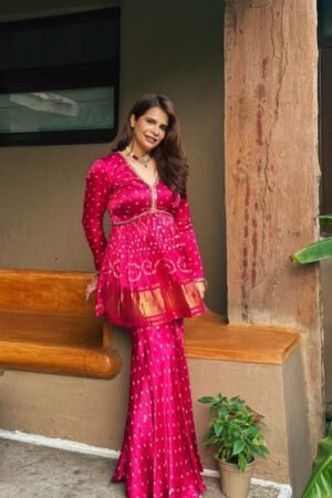 Bright Pink Traditional Peplum Kurta with Flared Pants