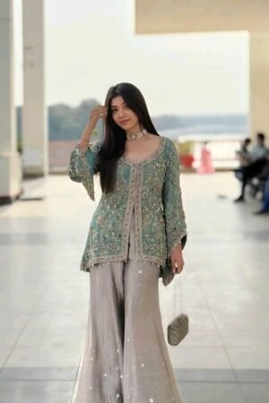 Pastel Green Sequin Peplum Top with Flared Pants
