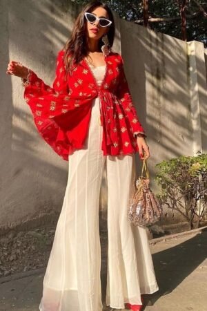 Festive Red Flared Jacket Top with Sheer White Pants