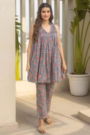 Floral Printed Cotton A-Line Kurta and Pant Set