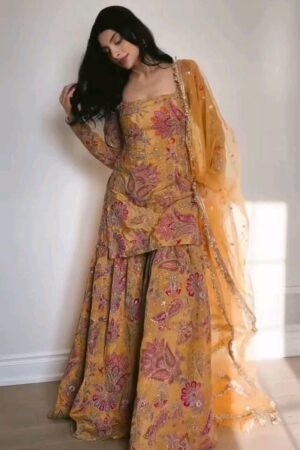 Mustard Floral Printed Sharara Set with Dupatta