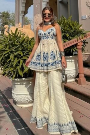 Ivory and Blue Printed Peplum Sharara Set