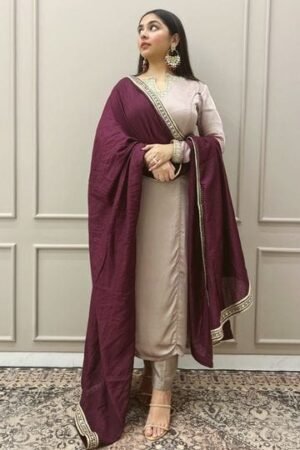 Classic Nude Kurta Set with Contrasting Maroon Dupatta