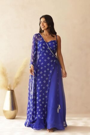 Royal Blue Bandhani Draped Indo-Western Gown