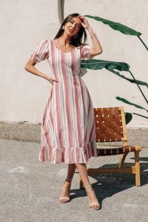 Rust and White Striped Cotton Midi Dress
