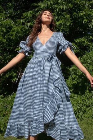 Blue Gingham Wrap Midi Dress