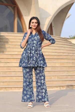 Blue Floral Print Cotton Peplum and Pant Set