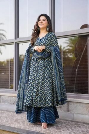Traditional Blue Cotton Anarkali and Palazzo Ensemble