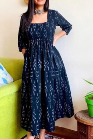 Black Ikat Printed Cotton Midi Dress