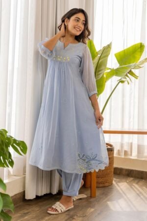 Powder Blue Embroidered Cotton Kurta Set