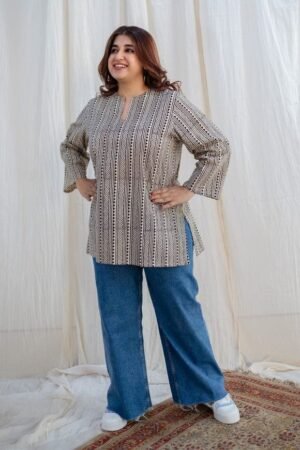 Beige Handblock Printed Cotton Tunic Top